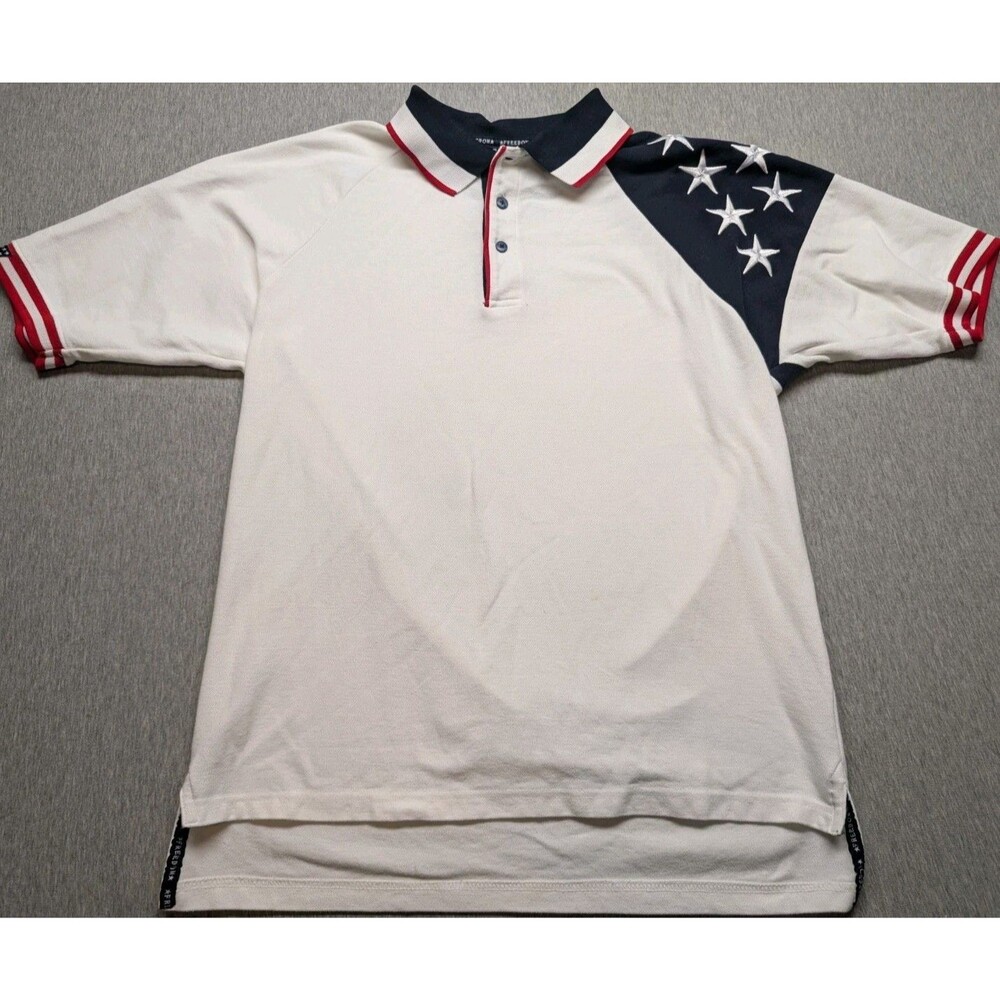 Rock Point Men's XL White Polo Shirt Patriotic Stars on Sleeve USA Freedom